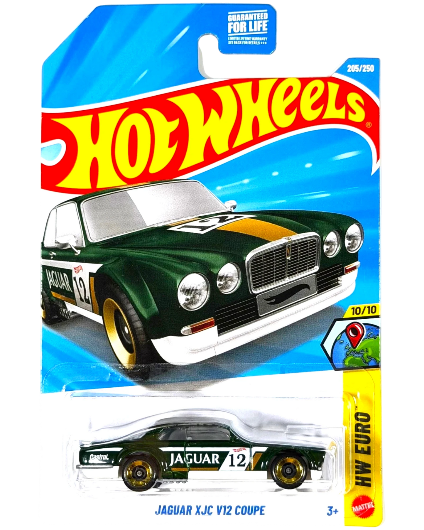 More Than Diecast Hot Wheels Jaguar XJC V12 Coupe in green with racing livery, number 12, and gold wheels on card.