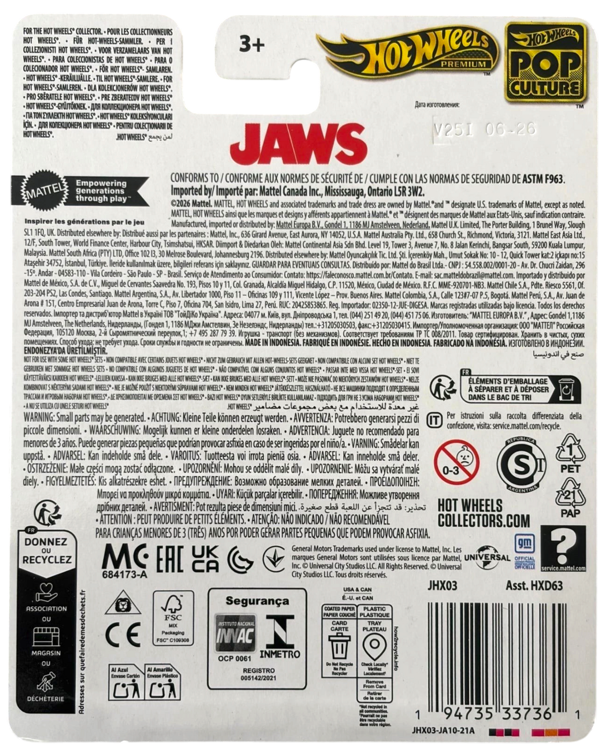 More Than Diecast Hot Wheels Jaws 2026 Pop Culture 1975 Chevrolet Blazer Custom packaging back view