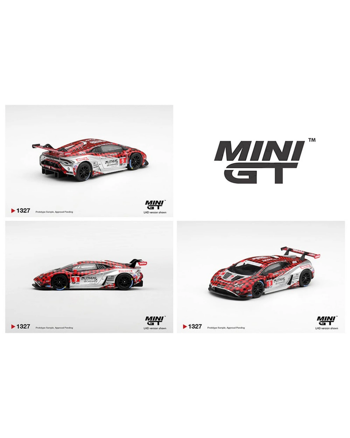 More Than Diecast Mini GT 1:64 Lamborghini Huracan GT3 EVO2 #9 race car with red and white livery in multiple views.