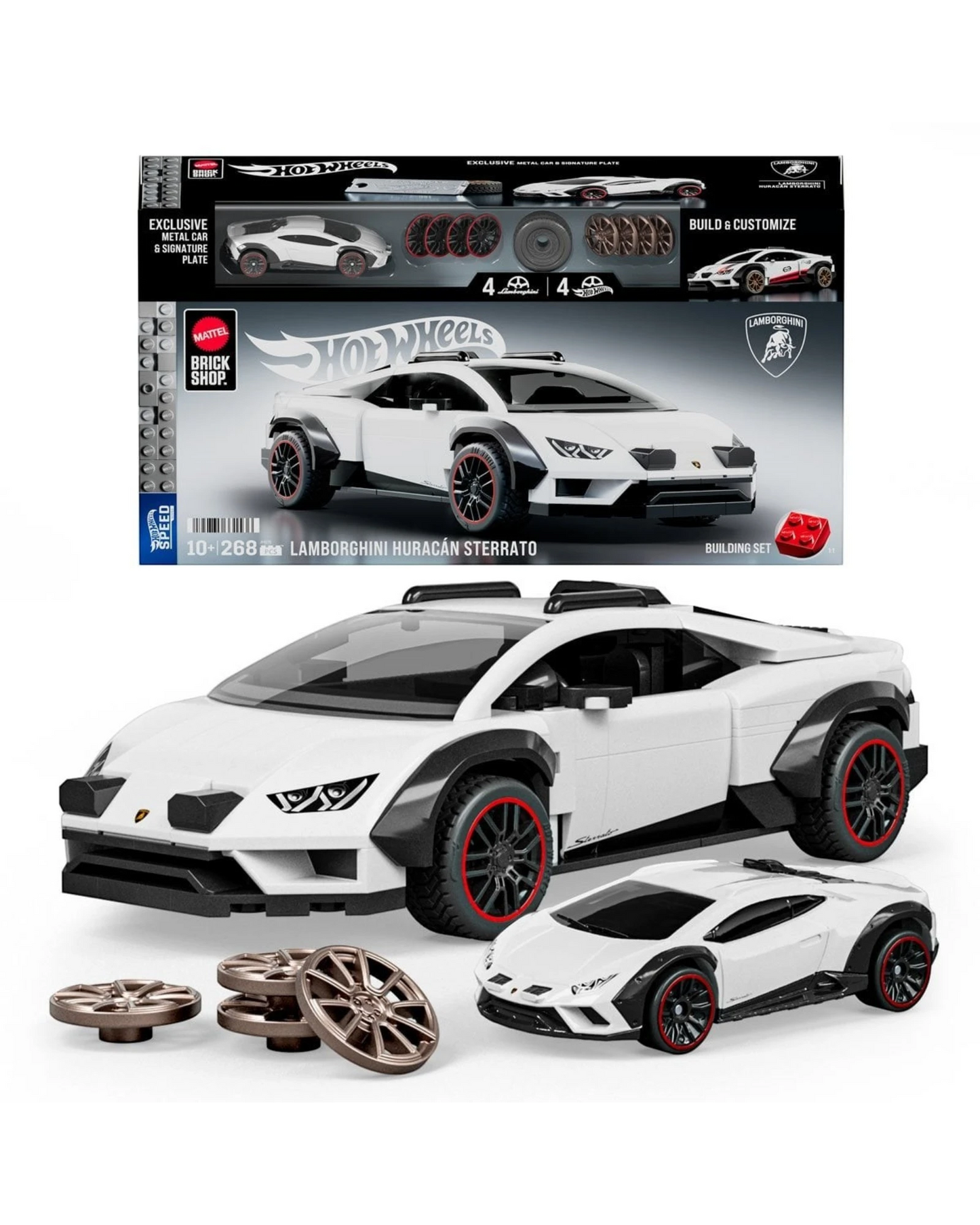 More Than Diecast Hot Wheels Lamborghini Huracan Sterrato brick building set with die-cast car and extra wheel covers