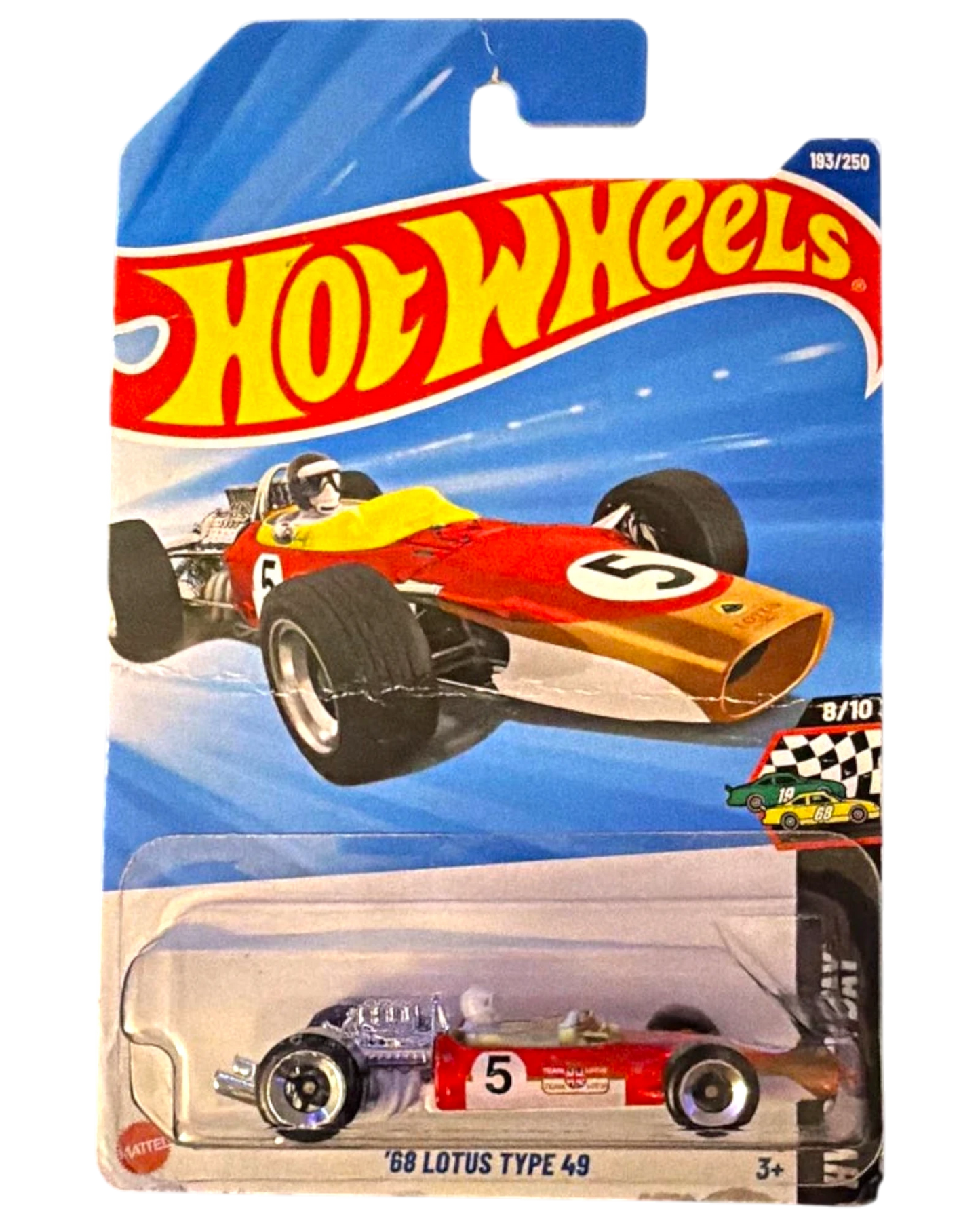 More Than Diecast 1:64 scale Hot Wheels '68 Lotus Type 49 Formula 1 race car in red and gold on blister card