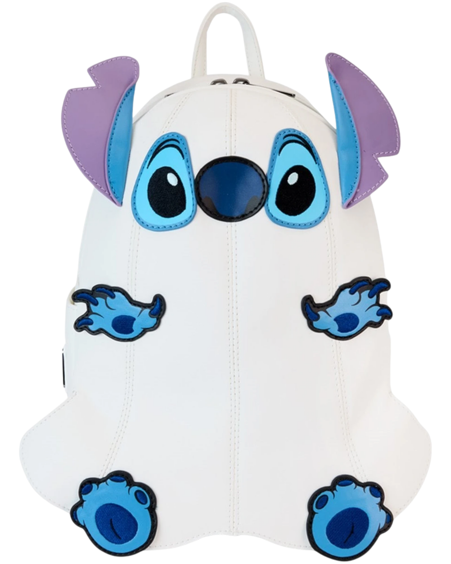 More Than Diecast Loungefly Lilo & Stitch Ghost Cosplay Mini-Backpack with glow-in-the-dark finish and blue accents.