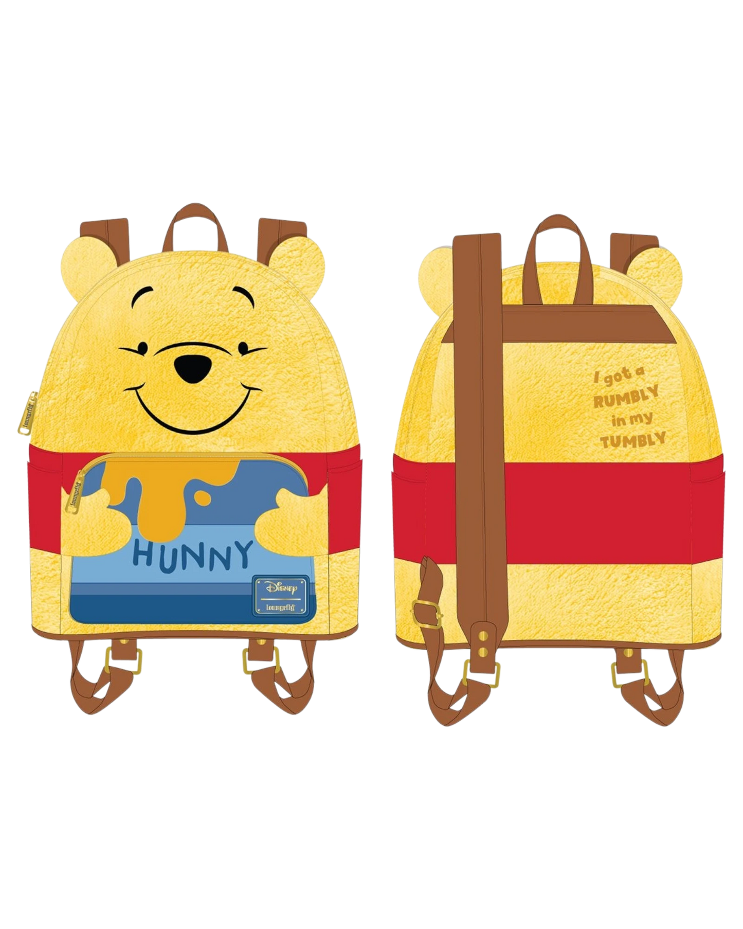 More Than Diecast Loungefly Winnie the Pooh Hunny Tummy mini-backpack, yellow with red band and honey pot design.