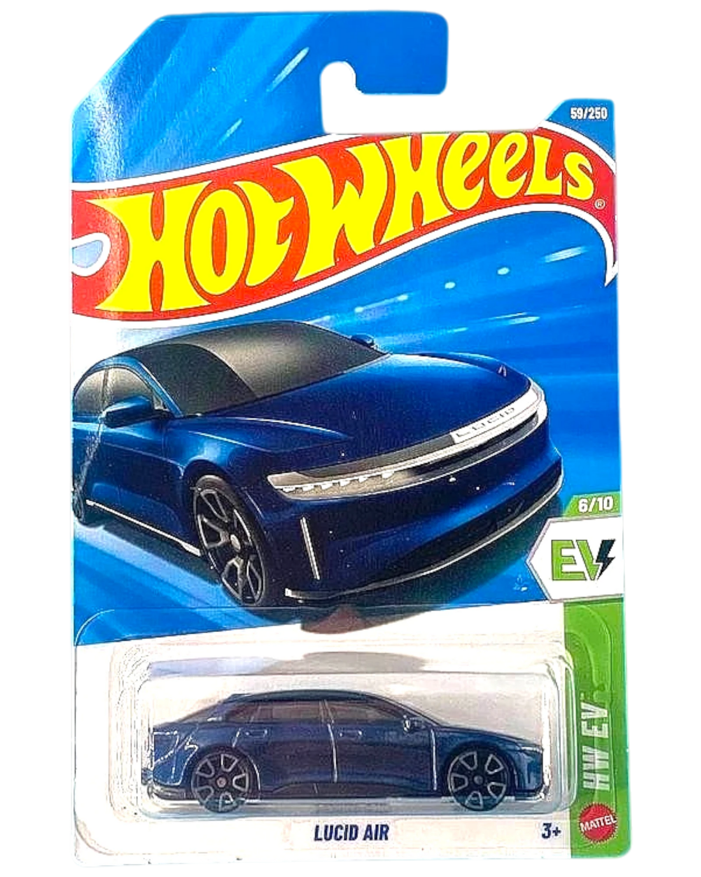 More Than Diecast Hot Wheels Lucid Air in metalflake dark blue, a 1:64 scale die-cast electric sedan in blister pack.
