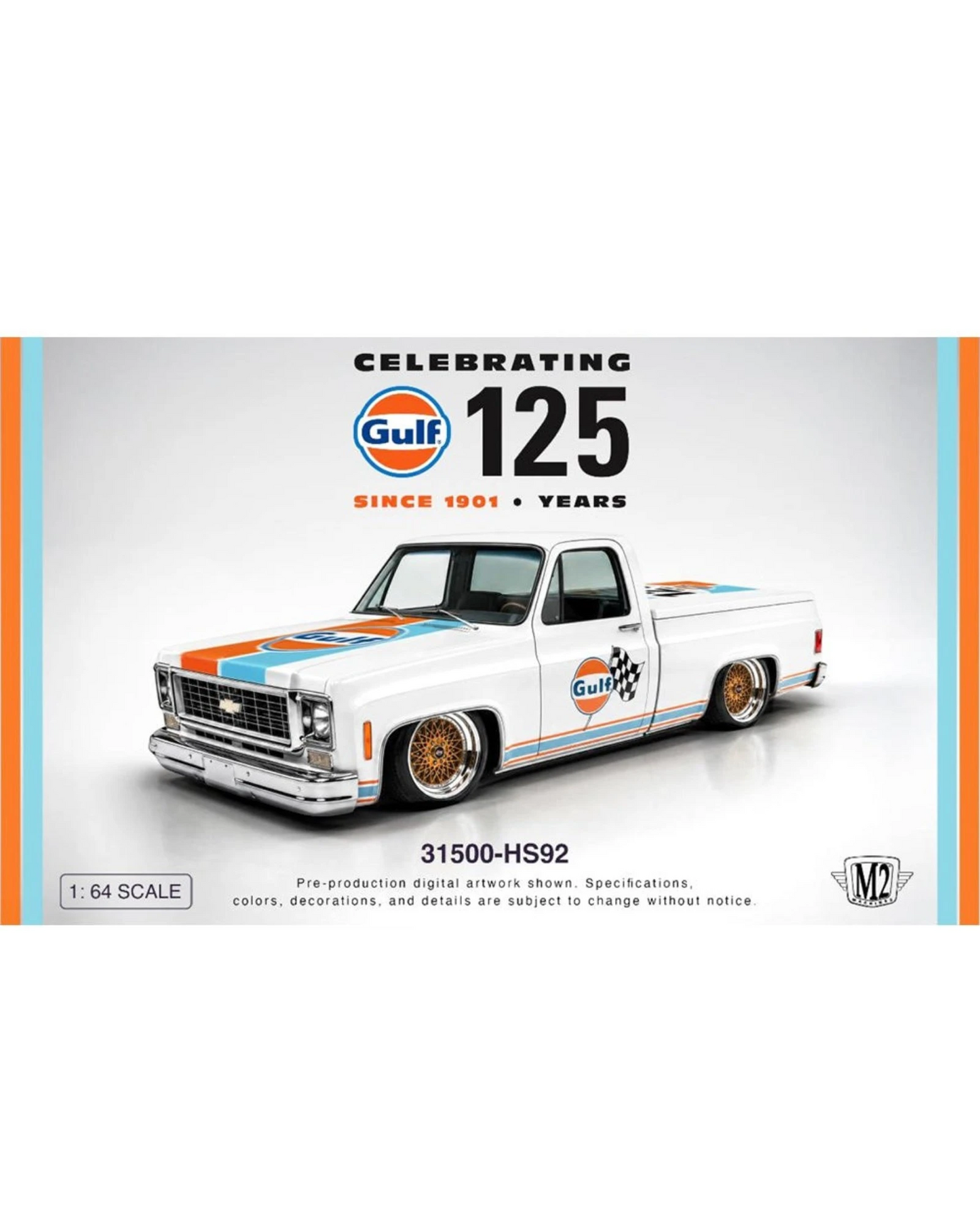 More Than Diecast M2 Machines 1:64 1973 Chevrolet Custom Deluxe 10 Gulf livery white die-cast pickup truck model