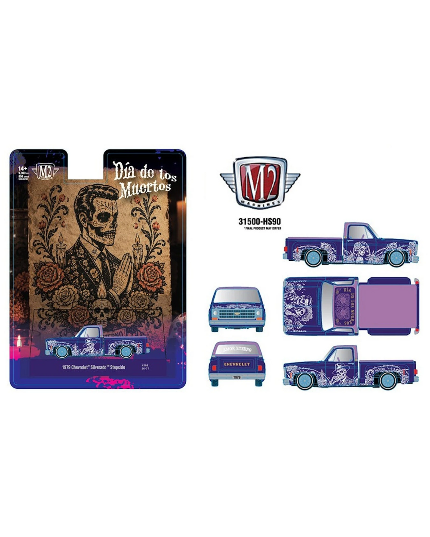 More Than Diecast M2 Machines 1979 Chevrolet Silverado Stepside purple die-cast truck with Dia De Los Muertos graphics