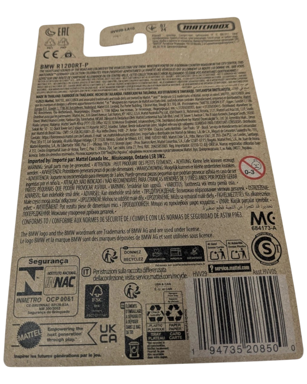More Than Diecast Matchbox BMW R1200RT-P police motorcycle packaging back view showing product details and warnings