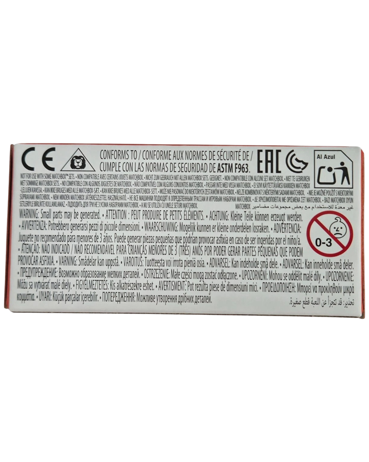 More Than Diecast Matchbox MBX Field Car Convertible packaging back with safety warnings and compliance information