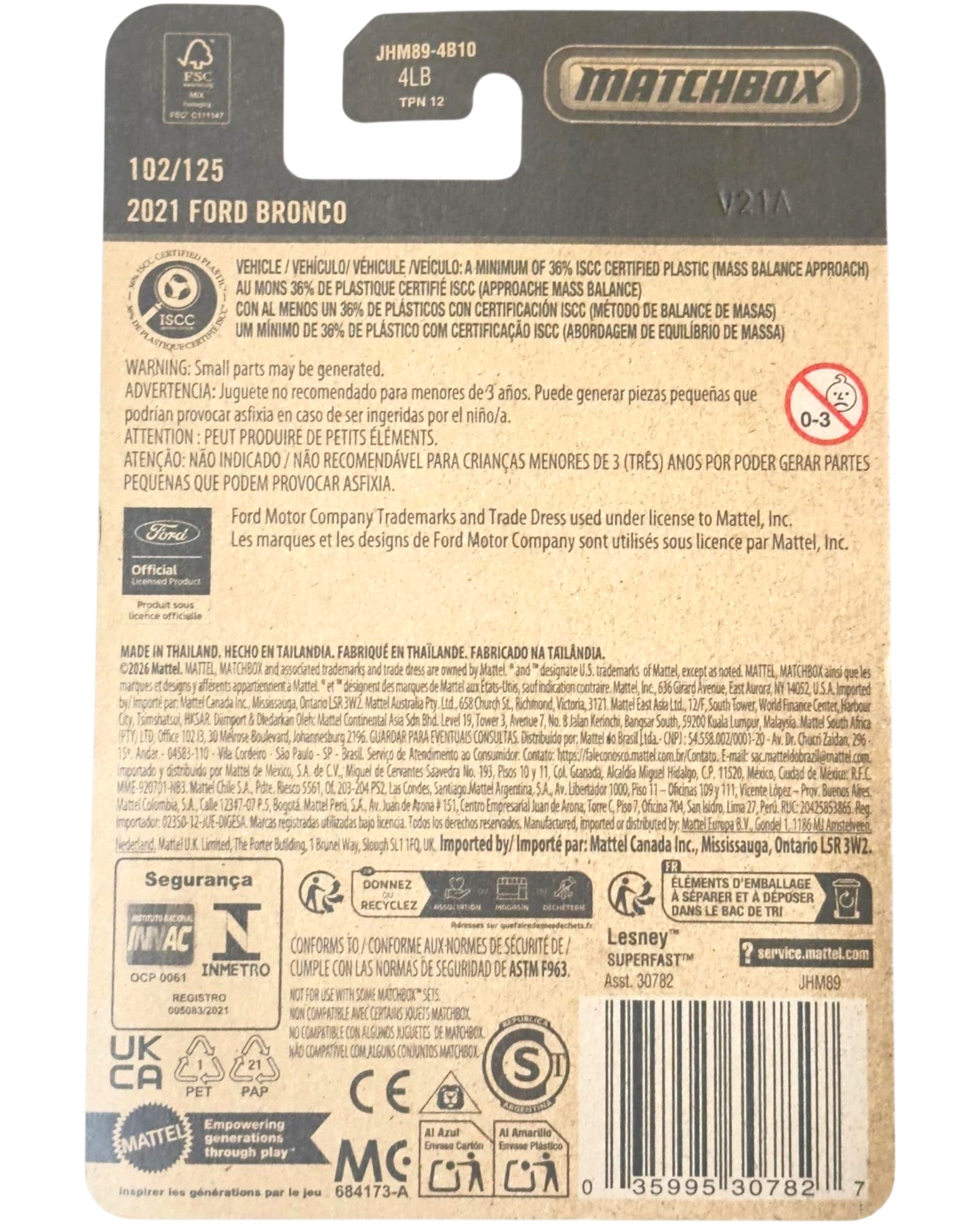 More Than Diecast Matchbox 2026 21 Ford Bronco die-cast packaging back view with product details and safety warnings