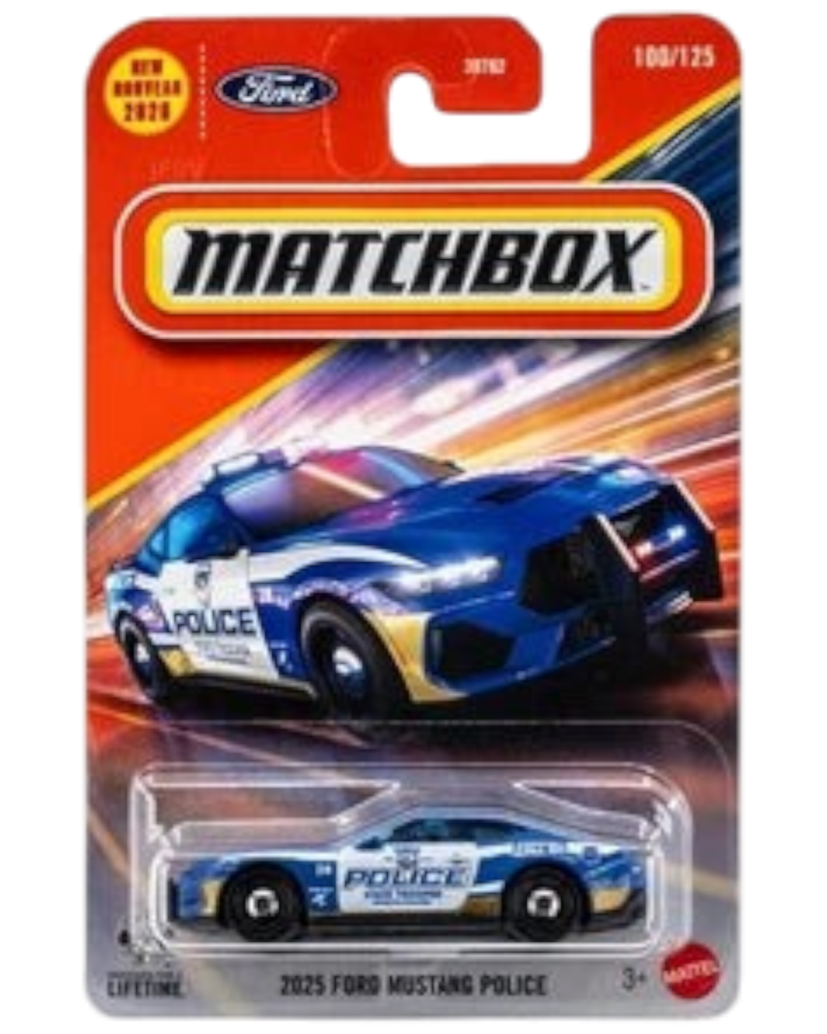 More Than Diecast Matchbox 2025 Ford Mustang police car in blue, 1:64 scale die-cast model in original blister pack.