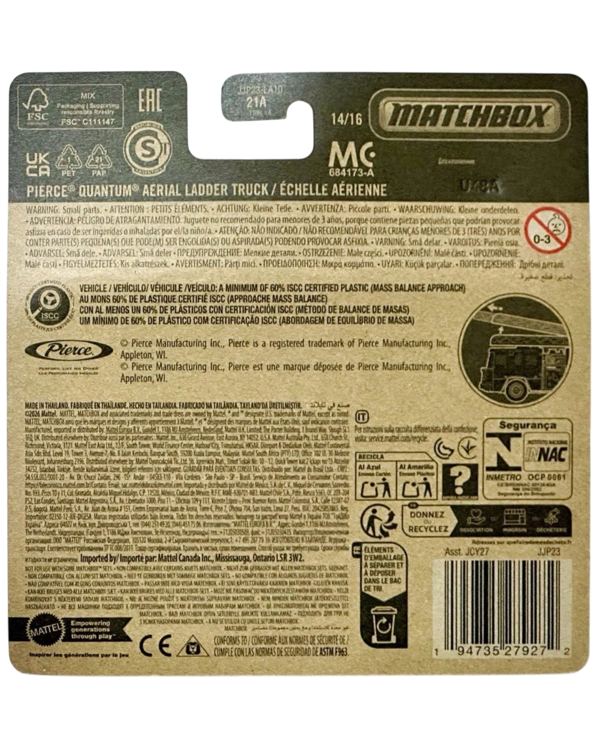 More Than Diecast Matchbox GMC T8500 Airport Food Service Truck packaging back with safety information and barcodes