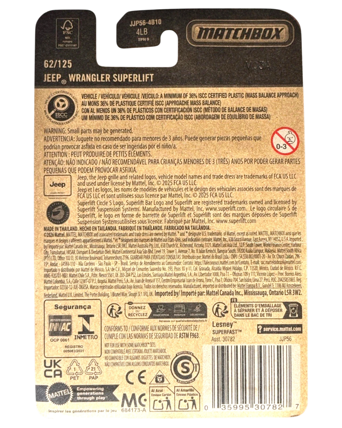 More Than Diecast Matchbox Jeep Wrangler Superlift 62/125 packaging back showing product details and safety warnings