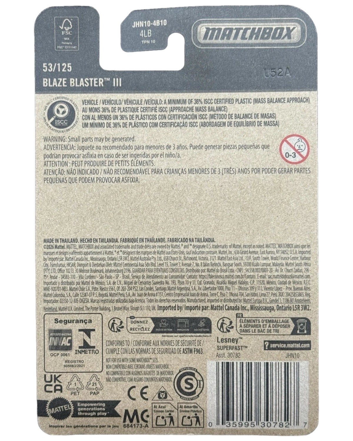 More Than Diecast Matchbox 2026 Plowverizer snow plow packaging back showing safety information and product details