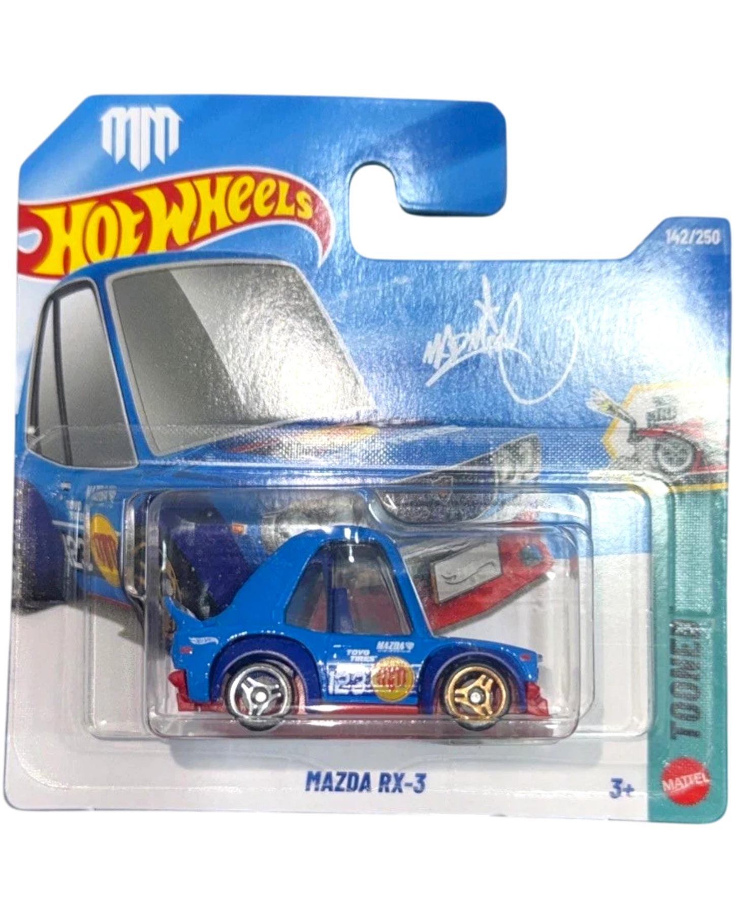 More Than Diecast blue Mazda RX-3 Tooned Hot Wheels toy car with gold rims and a spoiler.