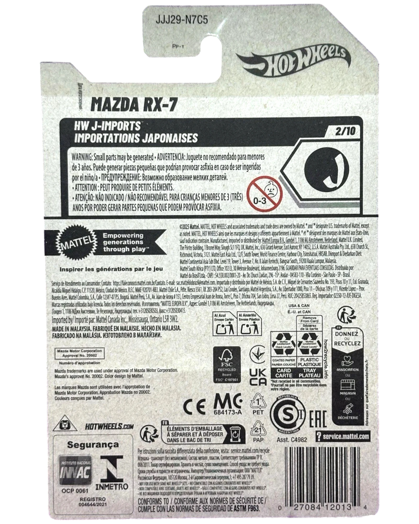 Back of More Than Diecast 2026 Hot Wheels Mazda RX-7 J-Imports purple diecast car packaging