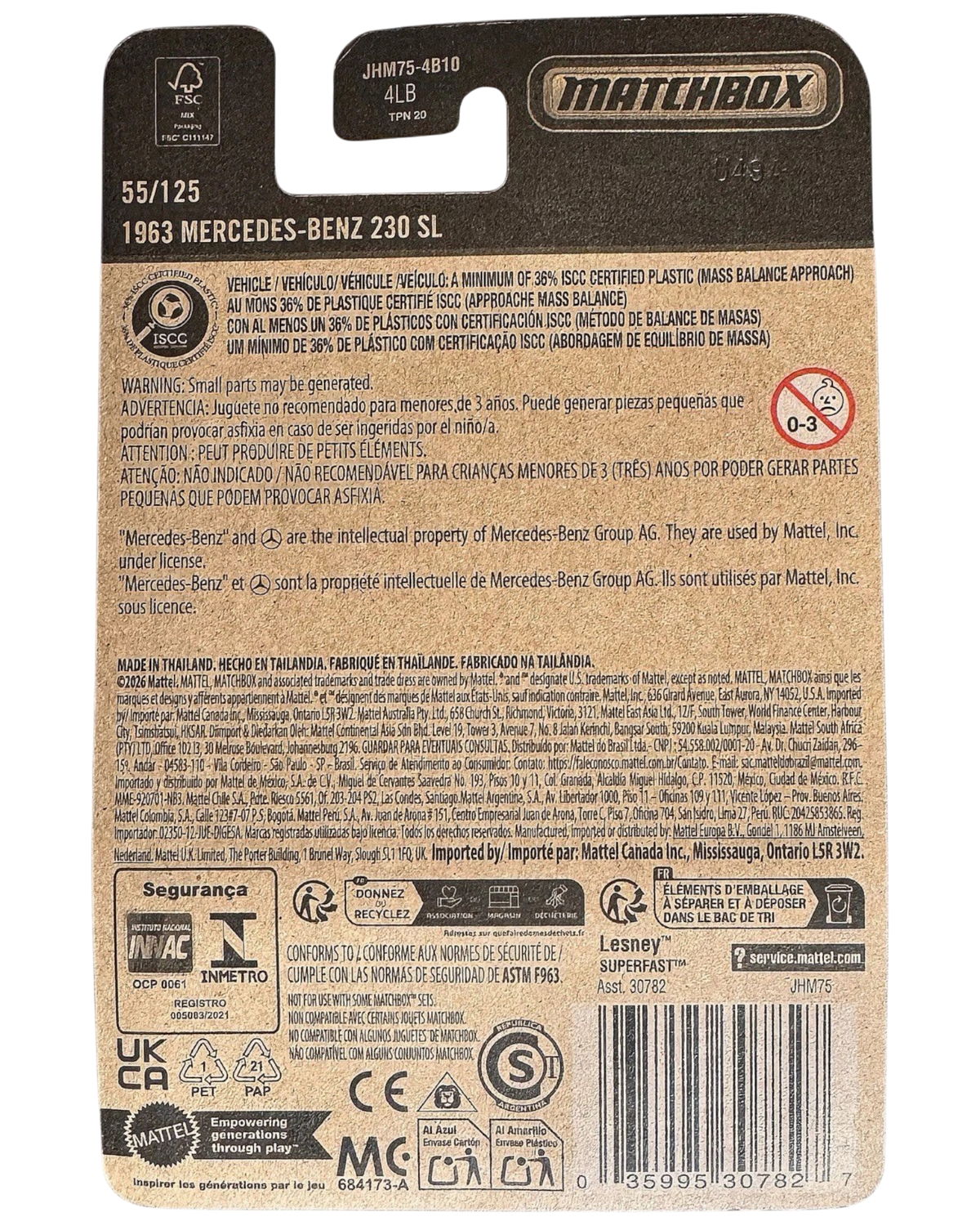More Than Diecast Matchbox 2026 1963 Mercedes-Benz 230 SL die-cast packaging back with safety and product information