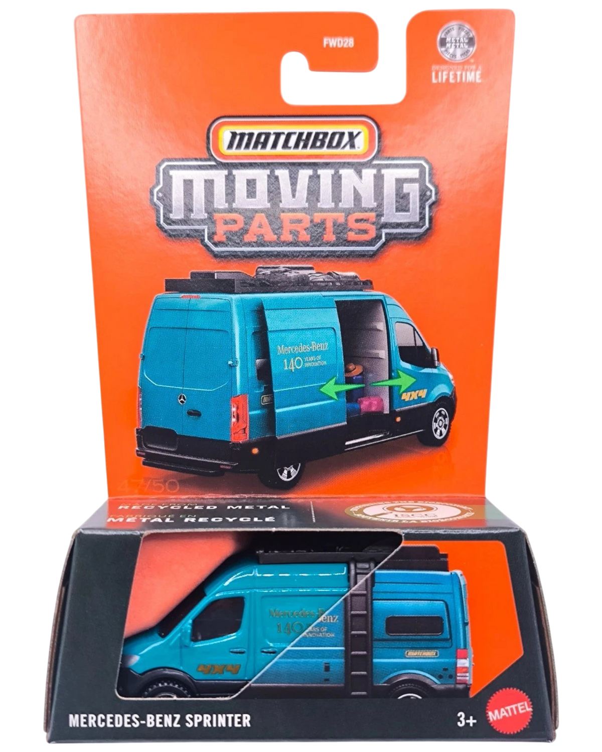 More Than Diecast Matchbox Mercedes-Benz Sprinter 1:64 scale die-cast van in blue and green with moving side door