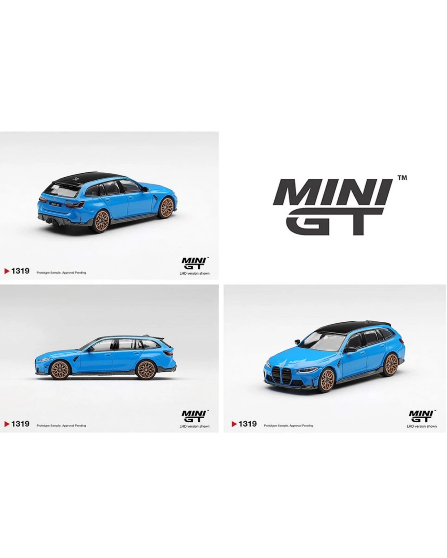 More Than Diecast Mini GT 1:64 scale BMW M3 M Performance Touring in Riviera Blue with black roof and bronze wheels.
