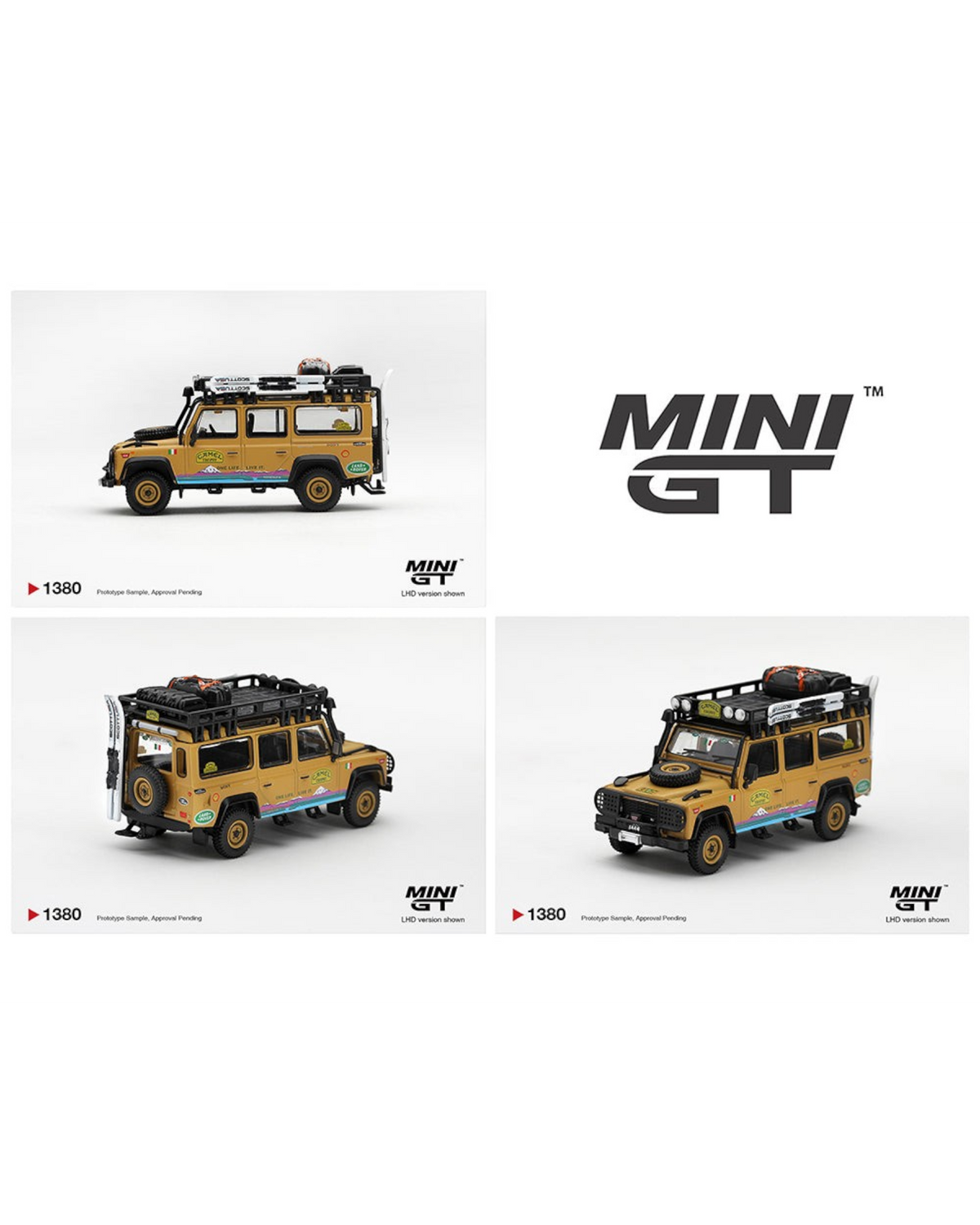 More Than Diecast Mini GT 1:64 Land Rover Defender 110 Camel Trophy Italy edition with expedition gear and livery