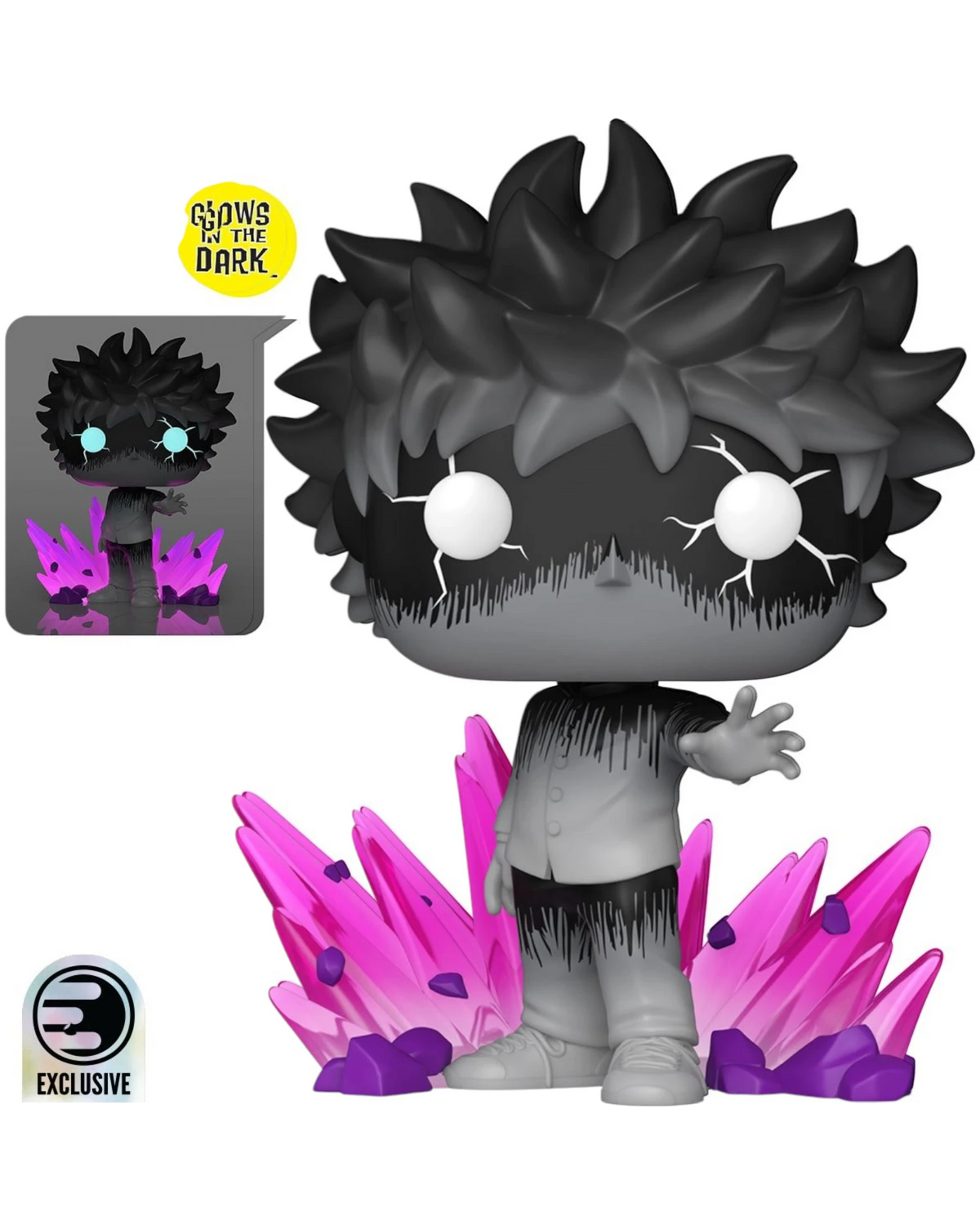 More Than Diecast Mob Psycho 100 Mob Glow-in-the-Dark Funko Pop! Vinyl Figure #2406, Entertainment Earth Exclusive, grey figure with pink crystals.
