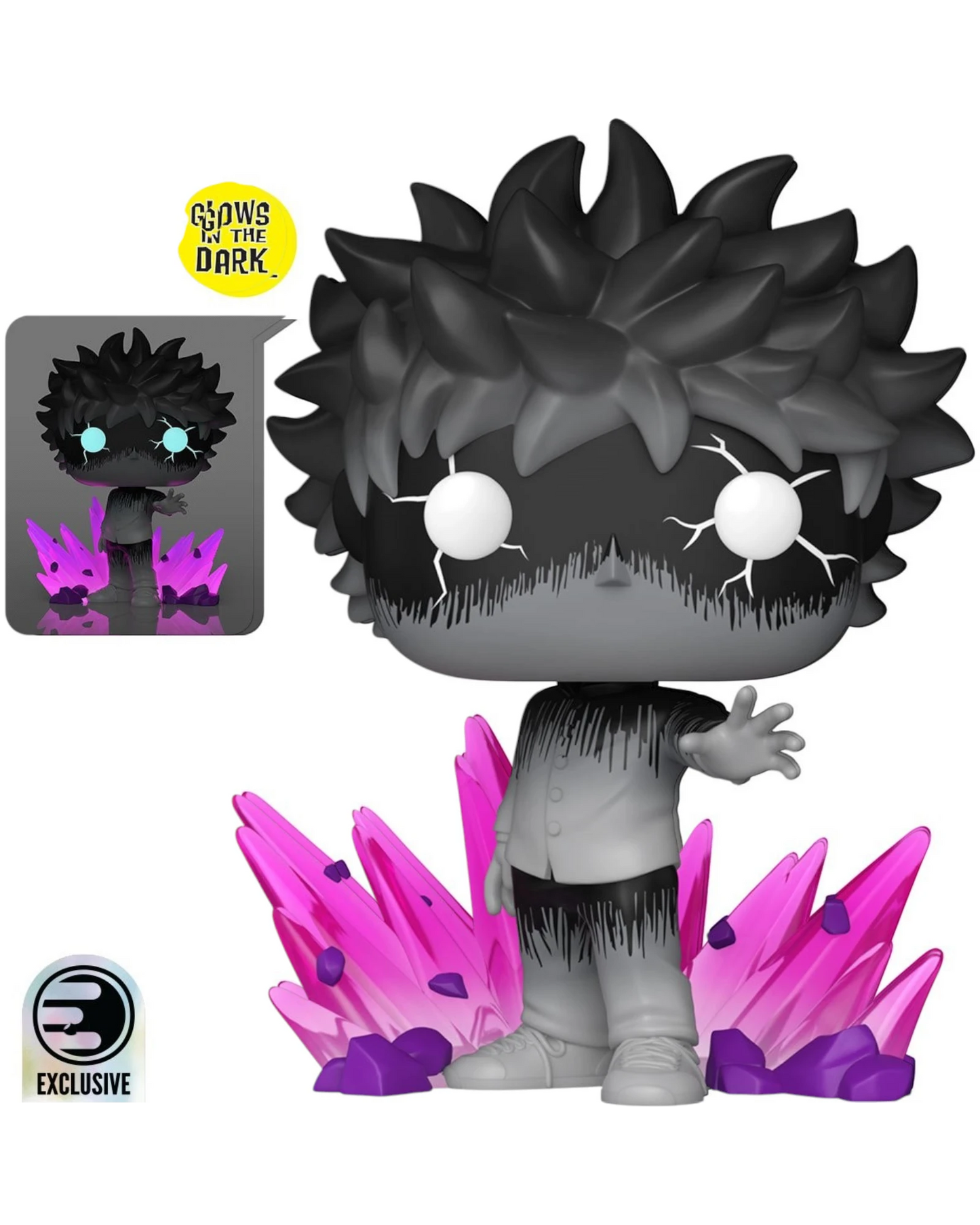 More Than Diecast Mob Psycho 100 Mob Glow-in-the-Dark Funko Pop! Vinyl Figure #2406, Entertainment Earth Exclusive, grey figure with pink crystals.