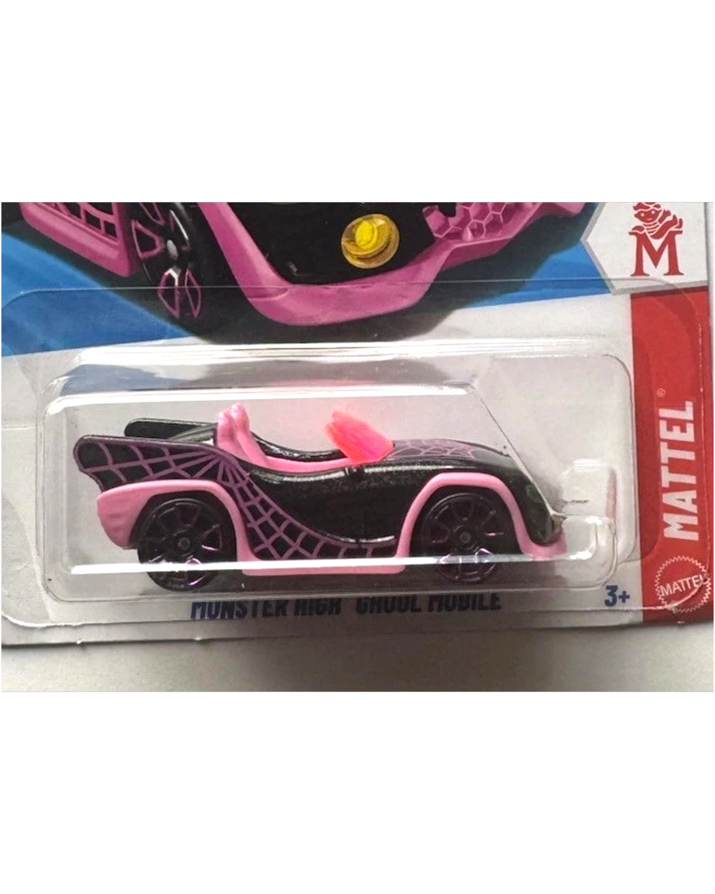 More Than Diecast Monster High Ghoul Mobile toy car, black with pink accents and spiderweb design.