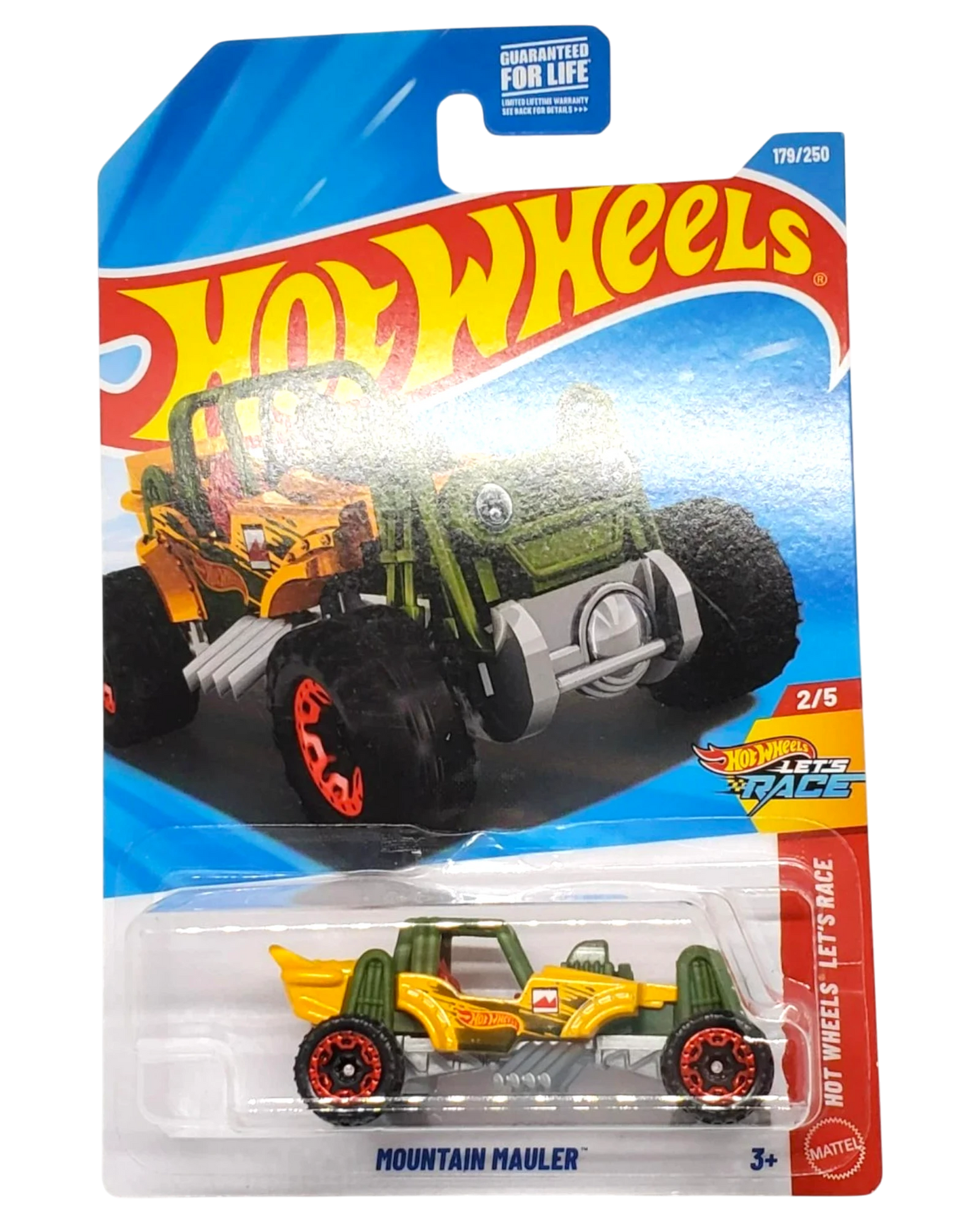 More Than Diecast Hot Wheels Mountain Mauler toy car in yellow and olive green on blister card packaging