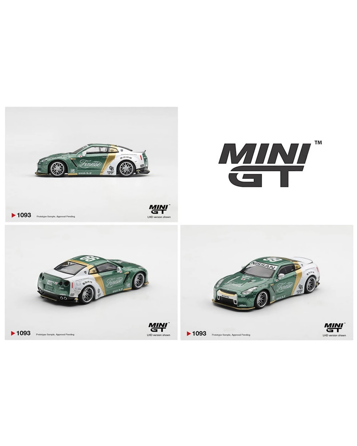 More Than Diecast Mini GT Nissan GT-R R35 LB-WORKS Type 1 die-cast model car in green and white Auto Finesse livery