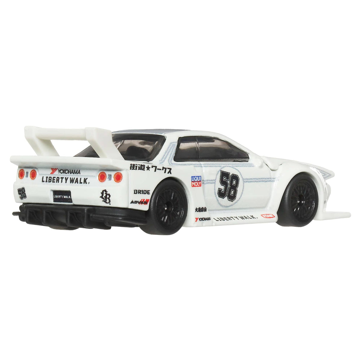 More Than Diecast Hot Wheels LB-Kaido Works Nissan R32 Skyline GT-R in white with custom racing decals and rear wing