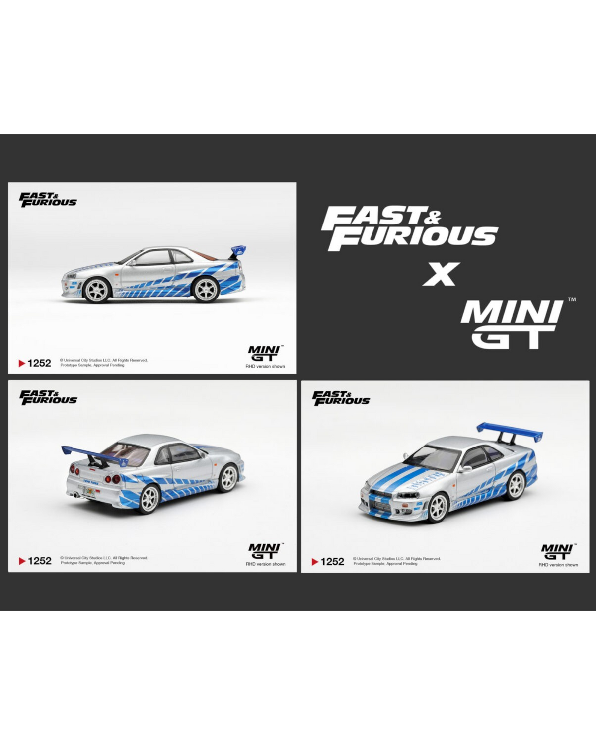 More Than Diecast Mini GT 1:64 Nissan Skyline GT-R C-West from 2 Fast 2 Furious in silver with blue racing decals.