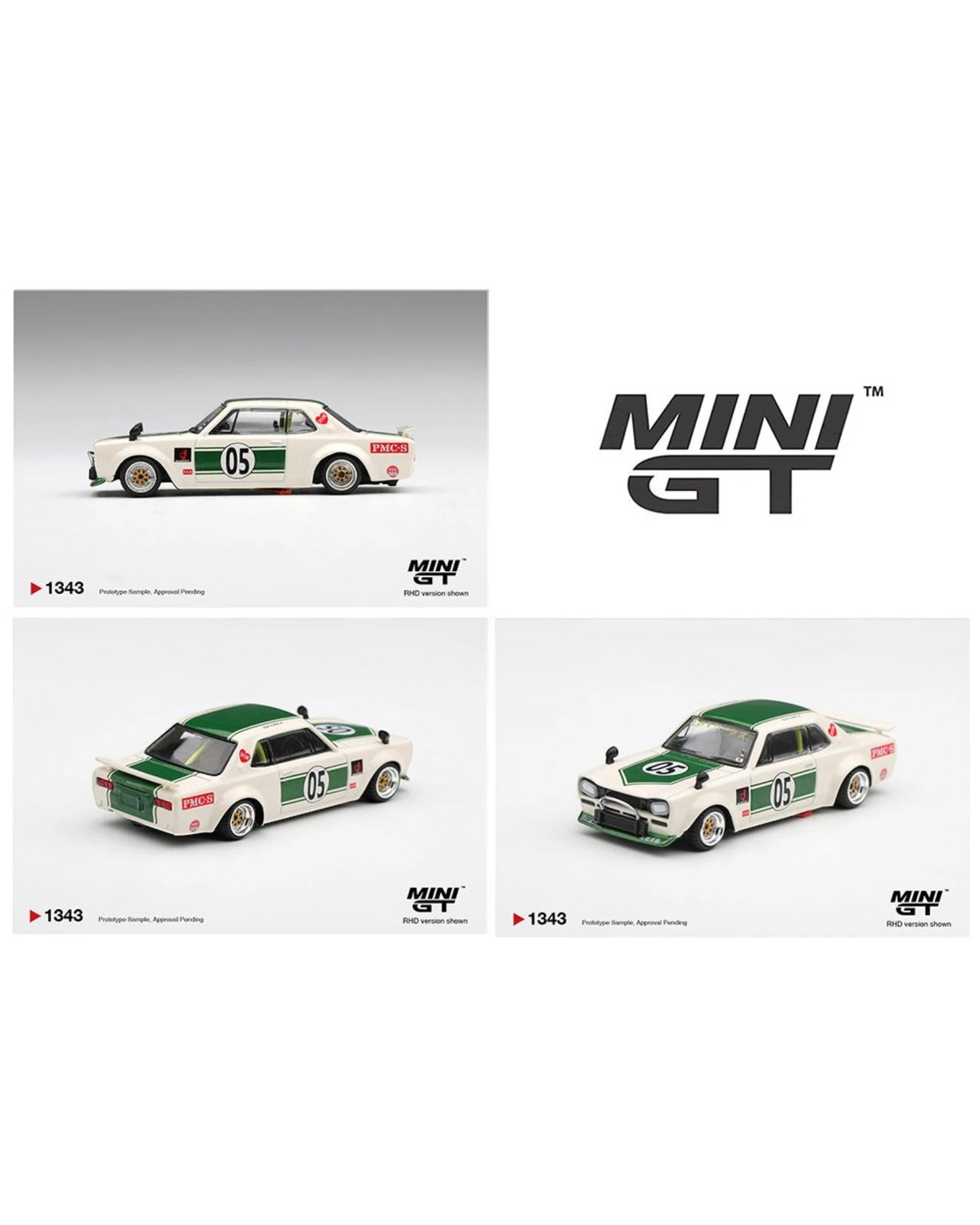 More Than Diecast Mini GT 1:64 Nissan Skyline LB-WORKS Hakosuka in white and green with wide-body kit