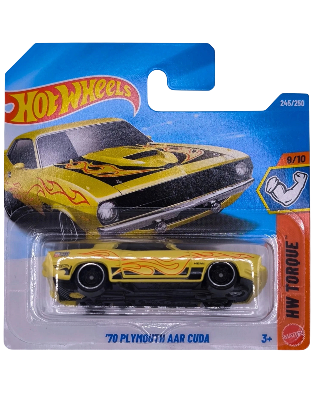 More Than Diecast Hot Wheels 1970 Plymouth AAR Cuda in yellow and black with flame decals on a short card blister pack.