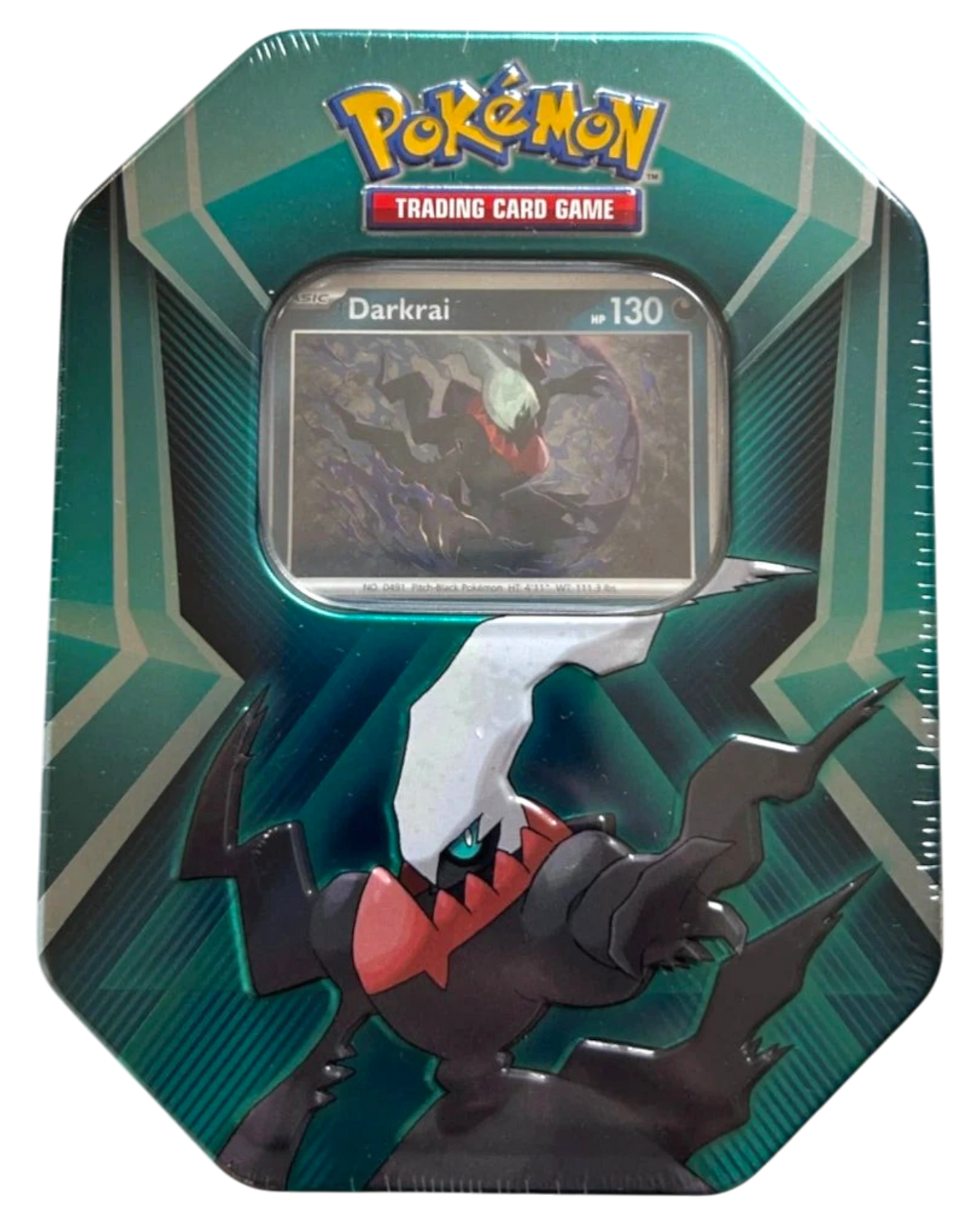 More Than Diecast Pokémon TCG Triple Whammy Collector Tin featuring a Darkrai foil promo card in green metal casing.