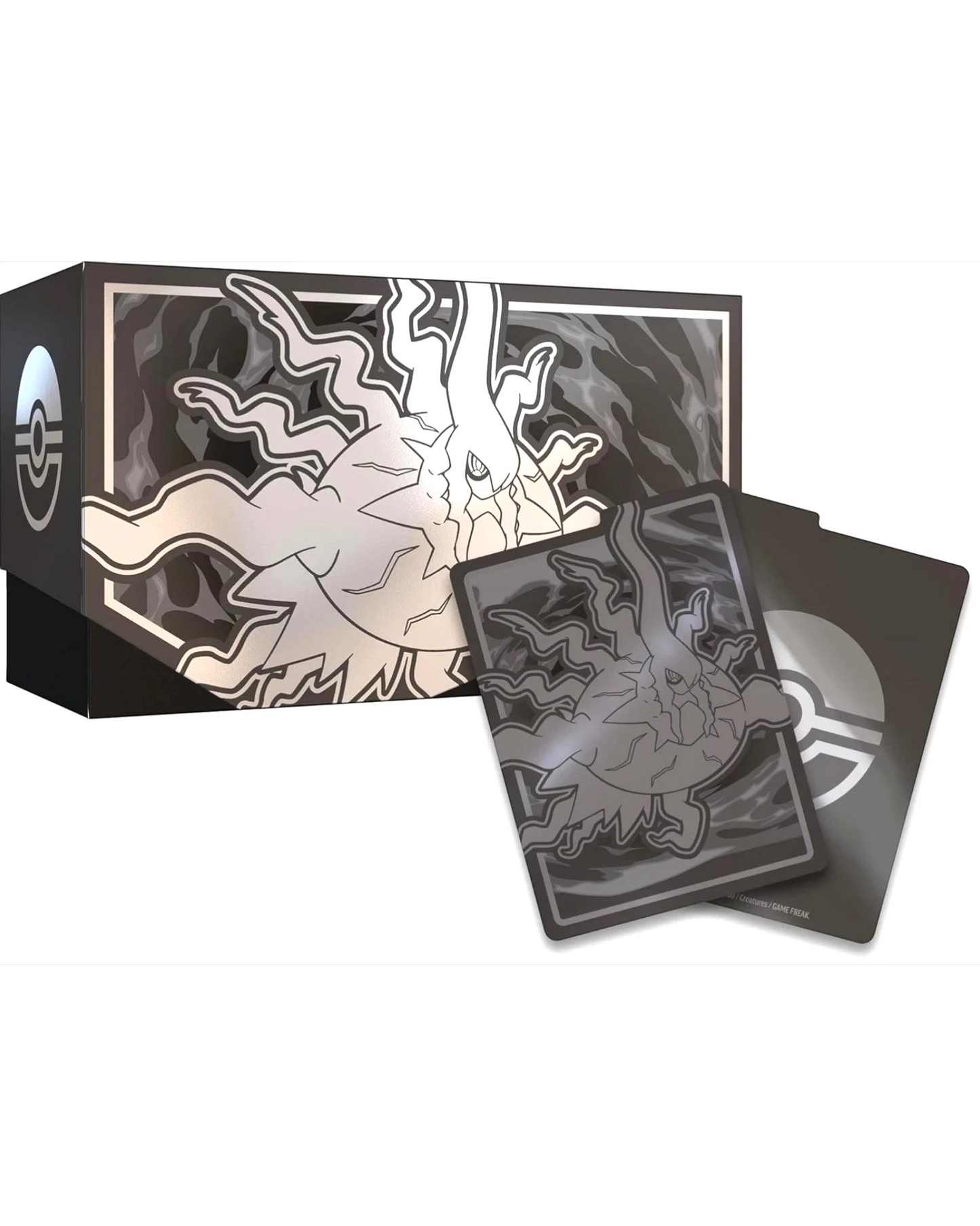 More Than Diecast Pokémon Pitch Black Elite Trainer Box with black and silver collector box and matching card sleeves
