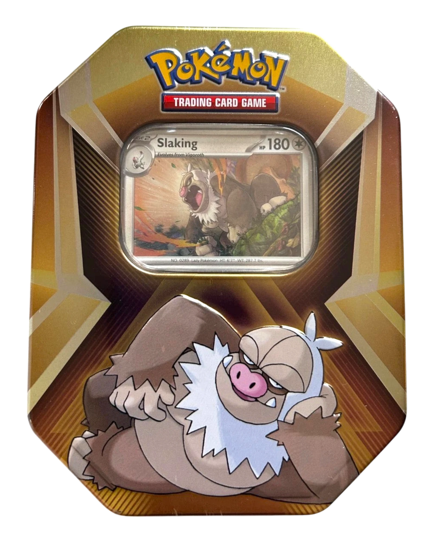 More Than Diecast Pokémon TCG Triple Whammy Collector Tin featuring a Slaking foil promo card in a gold metal case