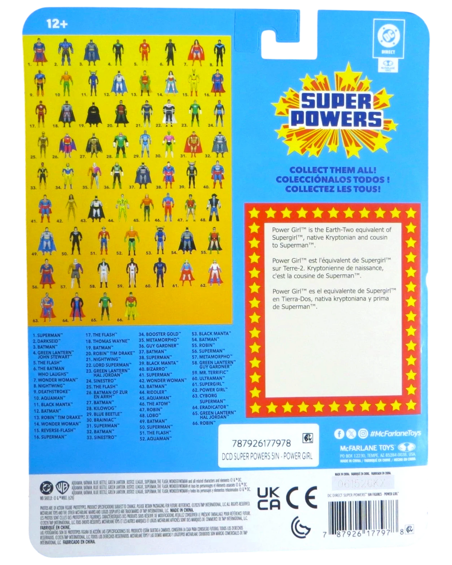 More Than Diecast McFarlane Super Powers Power Girl action figure packaging back showing DC Universe character checklist