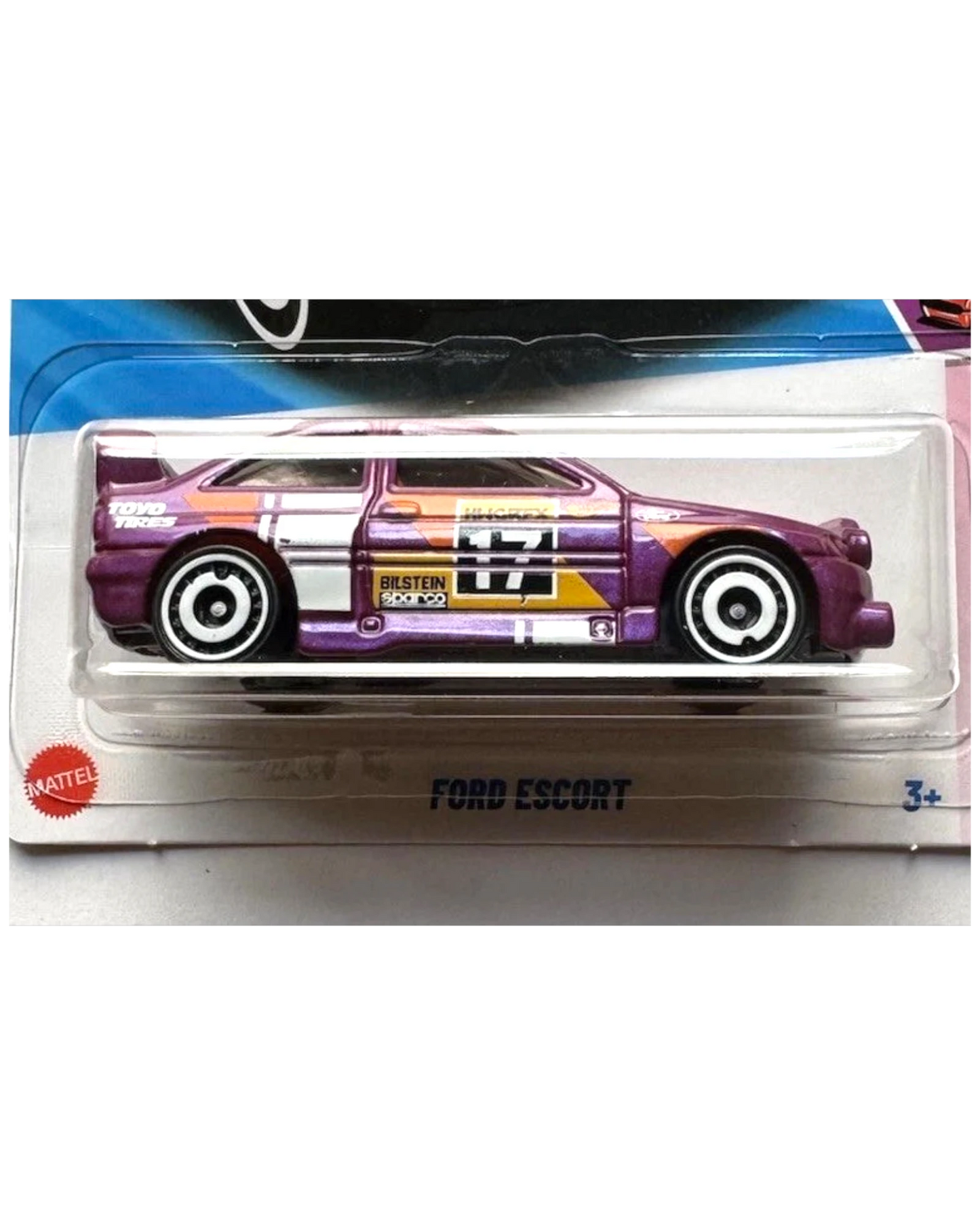 More Than Diecast purple Hot Wheels Ford Escort die-cast car with racing decals in original blister packaging