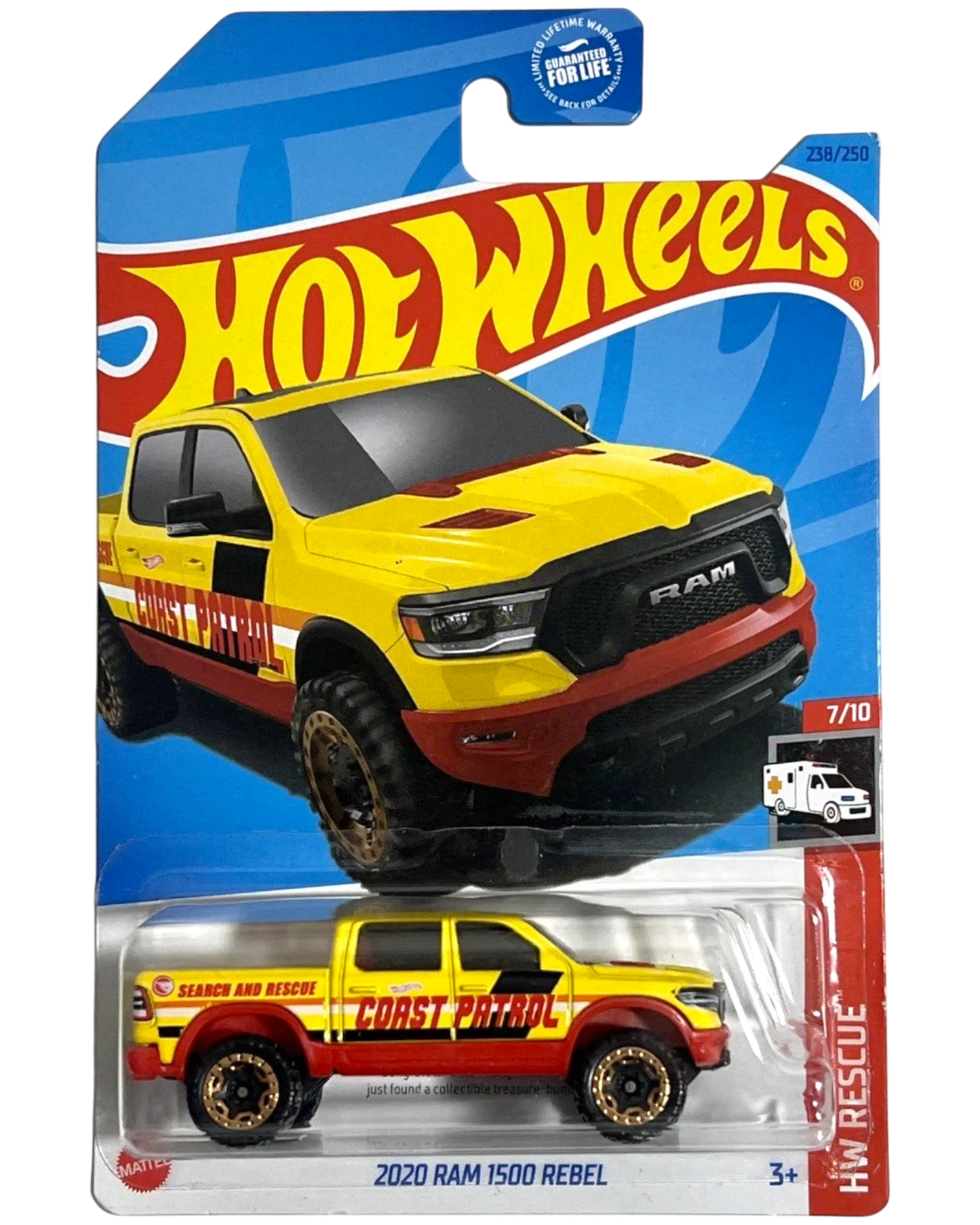 More Than Diecast Hot Wheels 2023 2020 Ram 1500 Rebel Treasure Hunt yellow and red Coast Patrol diecast truck