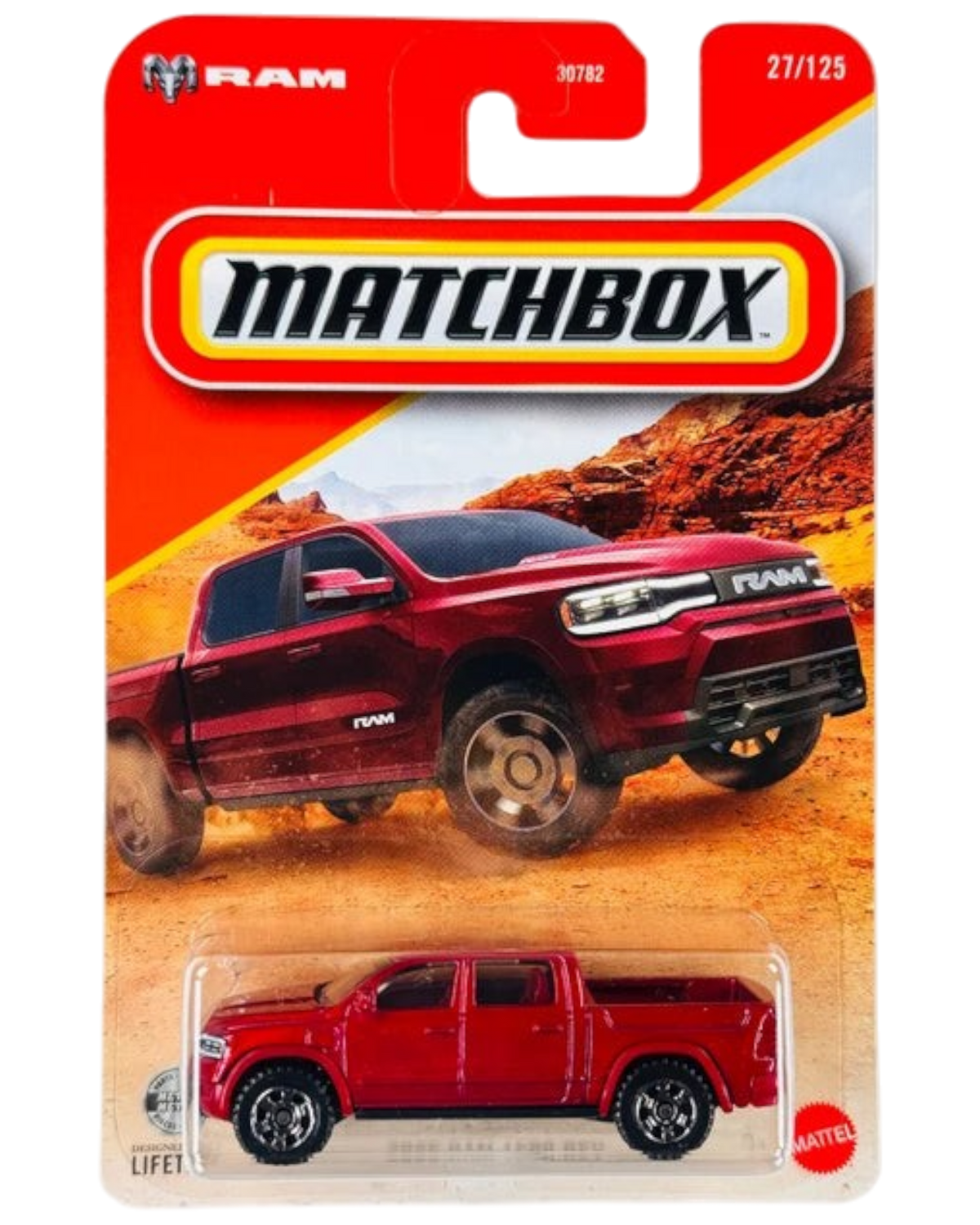 More Than Diecast 1:64 scale red 2025 Ram 1500 REV electric pickup truck in Matchbox 2026 blister card packaging