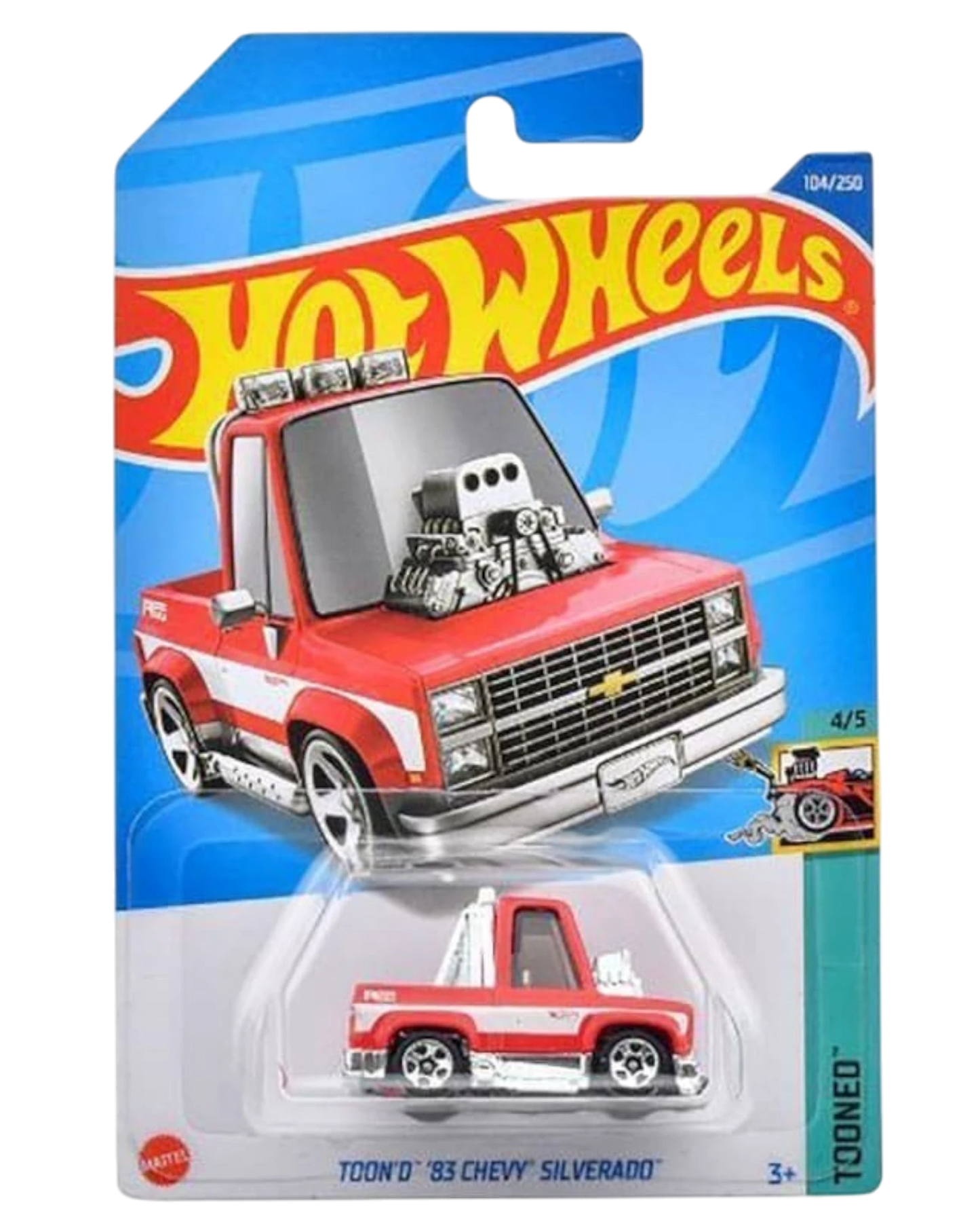 More Than Diecast Hot Wheels Toon'd '83 Chevy Silverado in red with exaggerated cartoon styling and chrome wheels.