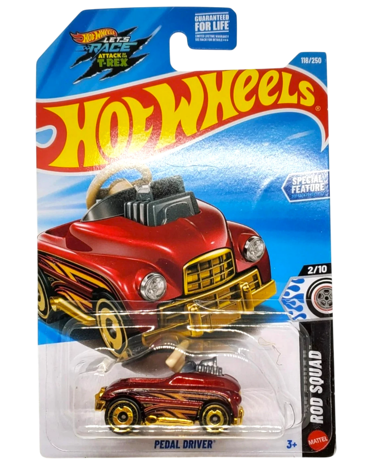 More Than Diecast Hot Wheels Pedal Driver red toy car with gold wheels and flame graphics in original packaging