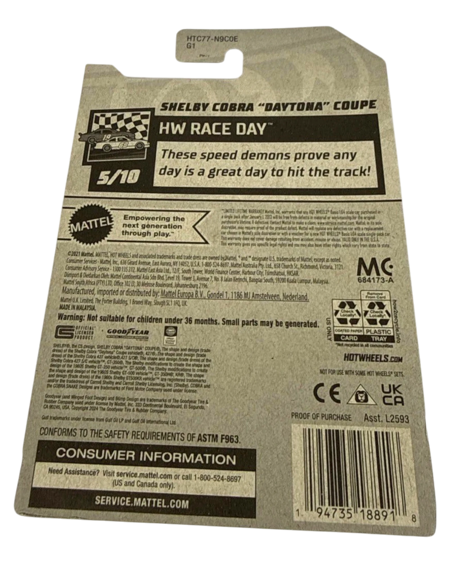 Back of More Than Diecast Hot Wheels Shelby Cobra Daytona Coupe packaging showing product details and barcode