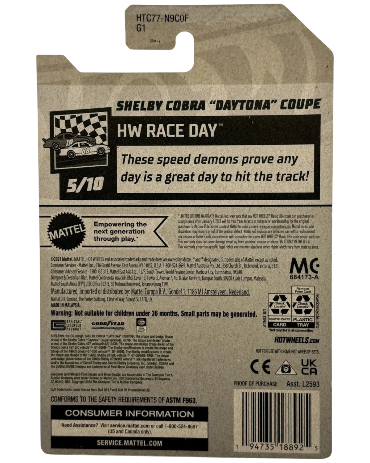 More Than Diecast Hot Wheels Shelby Cobra Daytona Coupe HW Race Day packaging back view with product information