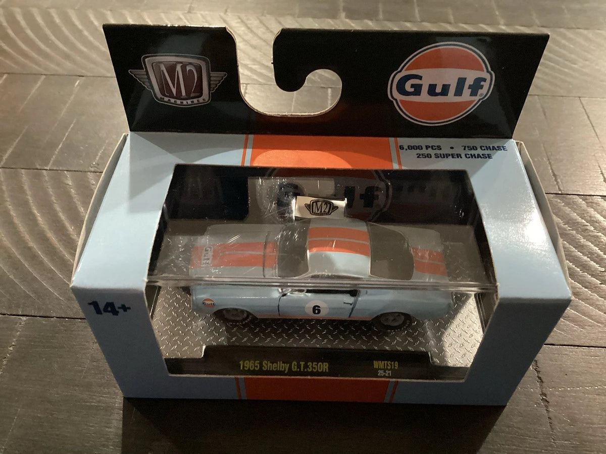 More Than Diecast M2 Machines 1965 Shelby GT350R Gulf Oil model car in light blue and orange packaging
