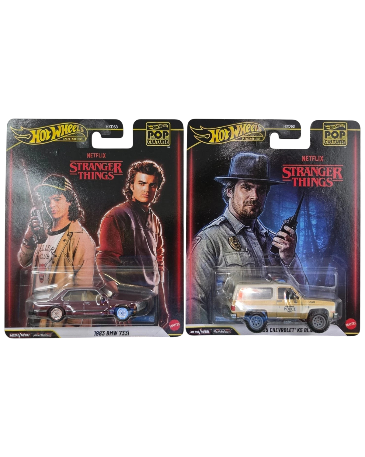 More Than Diecast Hot Wheels Stranger Things 2-pack featuring a 1983 BMW 733i and 1985 Chevrolet K5 Blazer in packaging