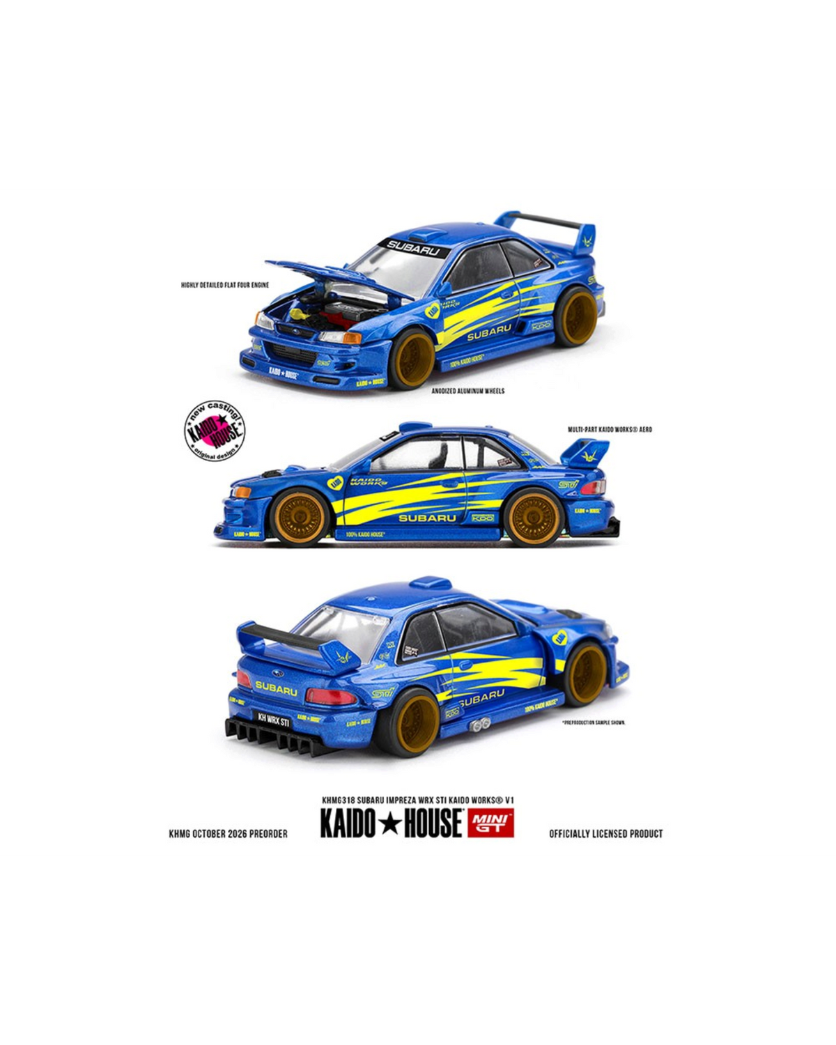 More Than Diecast Kaido House x Mini GT blue Subaru Impreza WRX STI KAIDO WORKS V1 model car with gold wheels