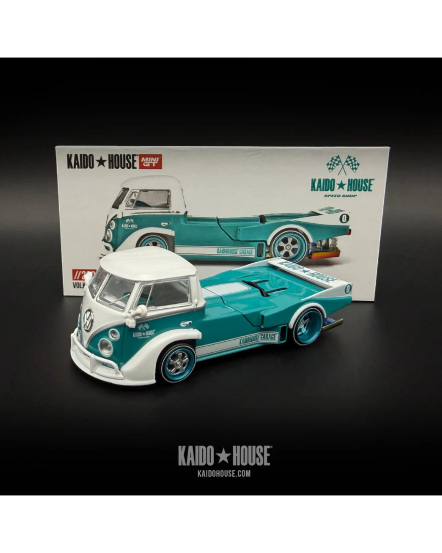 More Than Diecast Kaido House x Mini GT Volkswagen T1 Kaido Works V1 die-cast truck in turquoise and white.