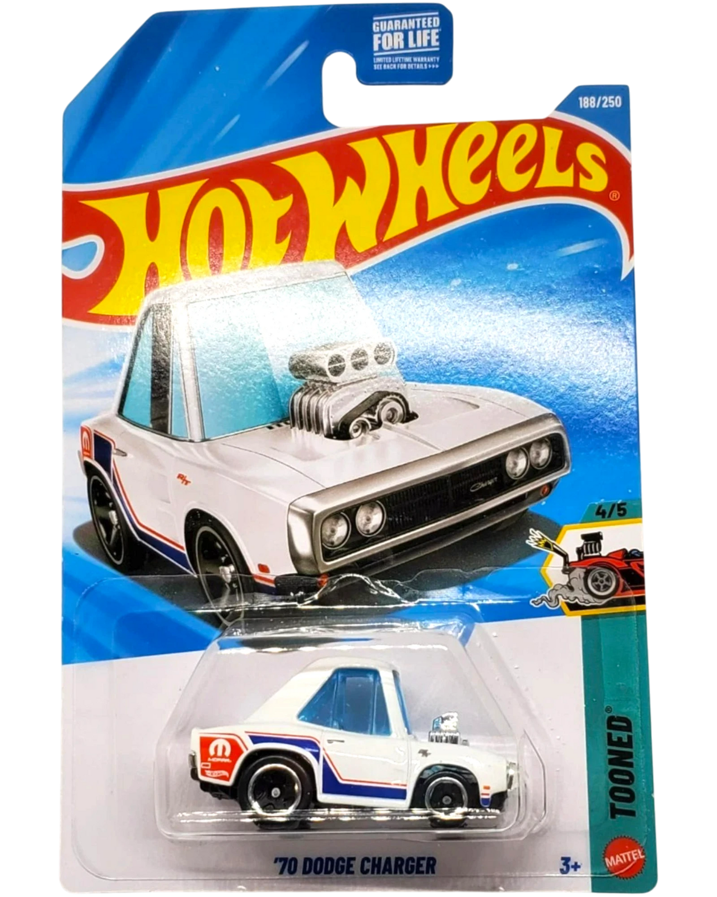 More Than Diecast Hot Wheels white 70 Dodge Charger Tooned toy car in original blister pack packaging