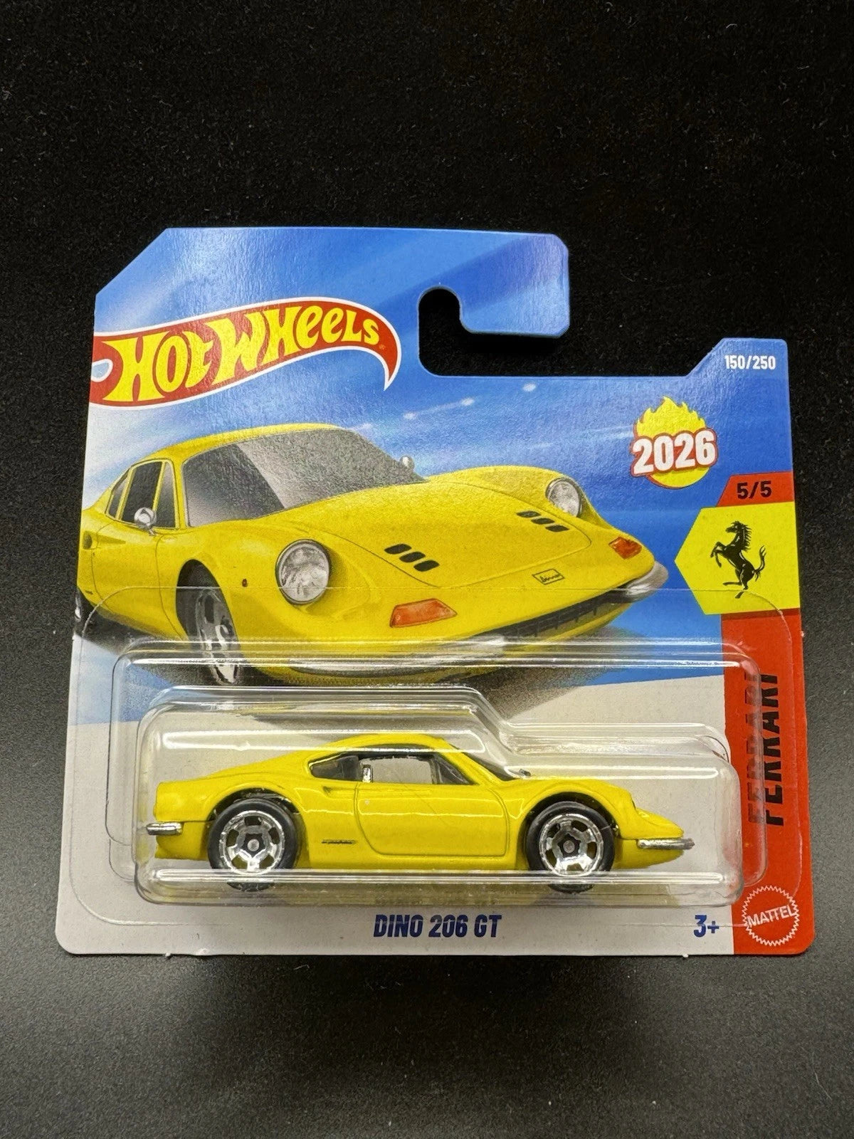 More Than Diecast Hot Wheels yellow Ferrari Dino 206 GT 1:64 scale die-cast car in short card packaging