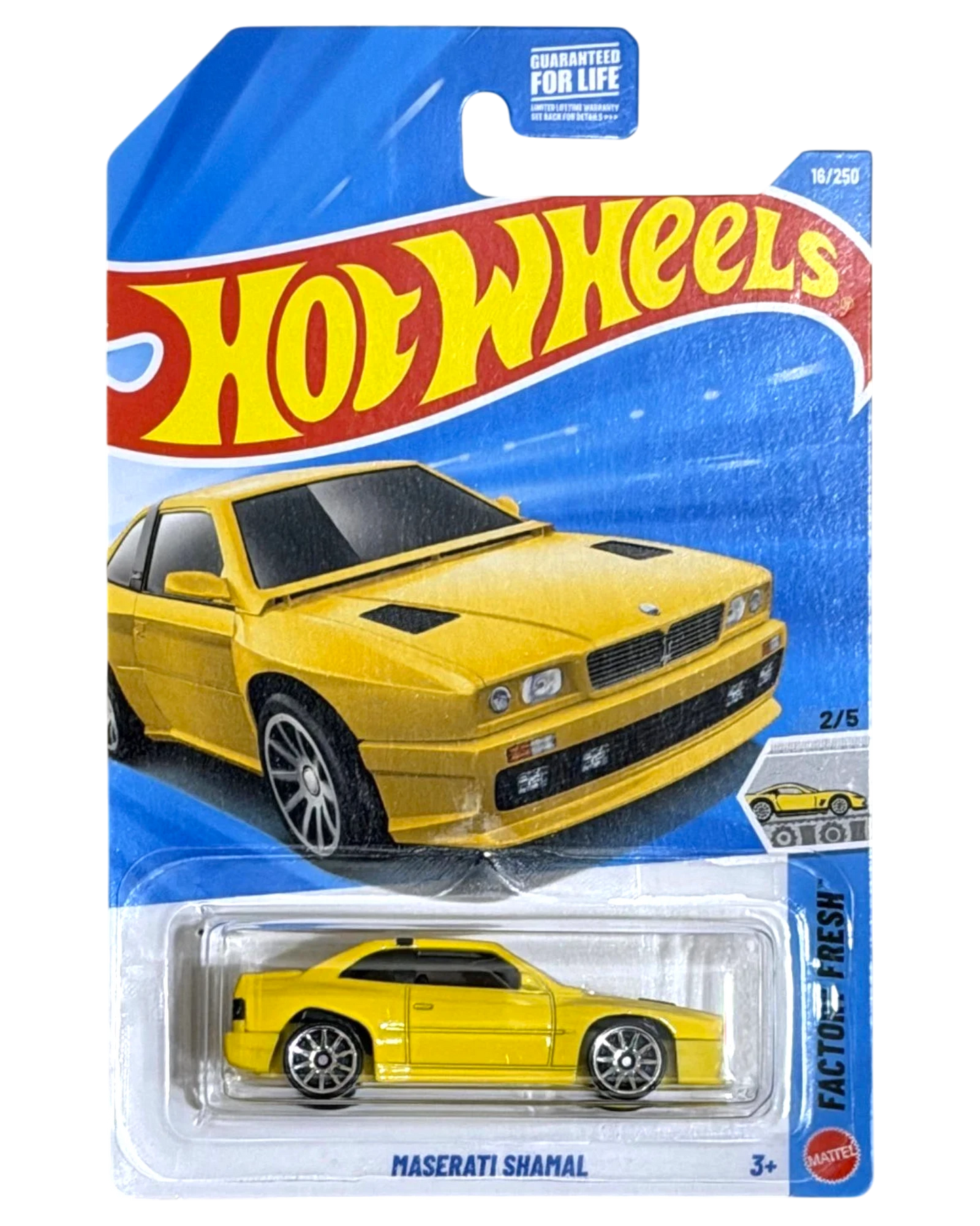 More Than Diecast yellow Hot Wheels Maserati Shamal 1:64 scale die-cast car in original blister card packaging